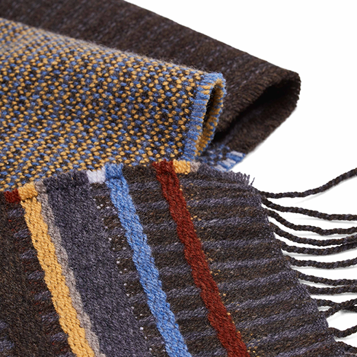 A detail shot of a patterned scarf with brown, blue and yellow stripes.